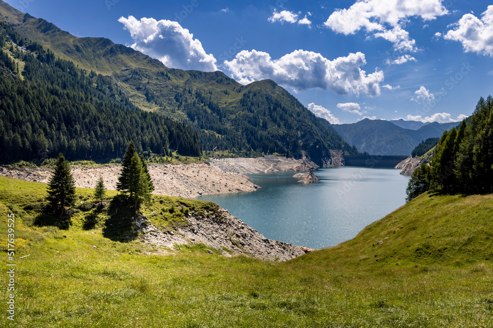 Aerial view of the Luzzone lake during a dry period. In the foreground is a group of fir trees, and in the background is the Luzzone dam and the high Swiss Alps.