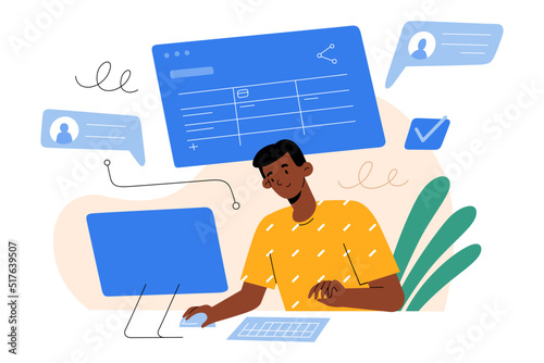 Young man, project manager, using desktop, working on project in cloud, managing tasks, commenting, scheduling, creating data base, planner for team, user experience with project organizing software