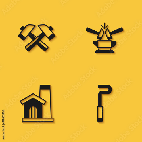 Set Crossed hammer, Fire poker, Smithy workshop interior and Anvil and icon with long shadow. Vector