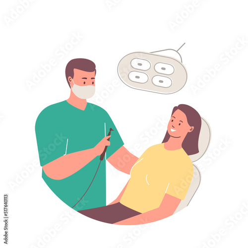 Dentist. Patient sitting in dentist chair. Tooth treatment. Dentistry Vector flat illustration