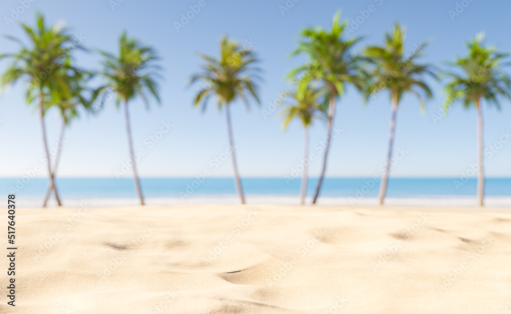 Green palm trees on sandy seashore in summer