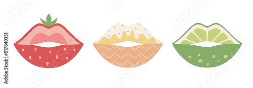 Sweet fruit lip makeup: lime, strawberry, ice cream. Juicy fruit lips. Vector set. Lipstick, vector, female, sensual lips, modern style. Retro Design Summer. Trendy vector hand drawn illustrations. 