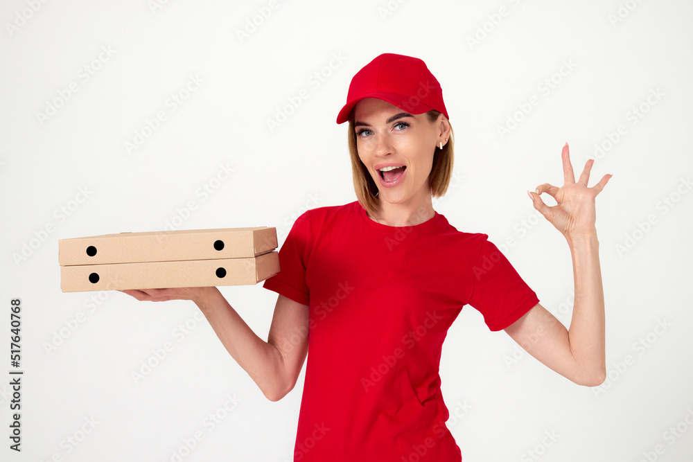 pizza delivery woman with pizza boxes showing thumbs up pizza delivery woman with pizza boxes showing thumbs up