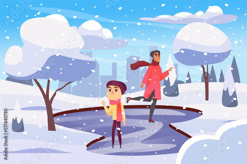 Winter city park background in flat cartoon design. Wallpaper with cityscape of people skating on ice rink and have fun outdoors among snowy trees. Vector illustration for poster or banner template