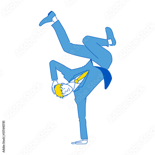 ブレイクダンスをするビジネスマンのイラスト（白背景・ベクター・切り抜き）