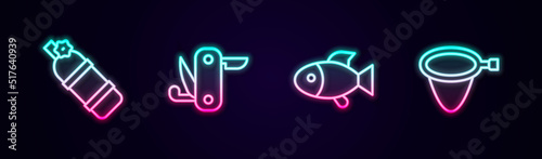 Set line Aqualung, Swiss army knife, Fish and Fishing net. Glowing neon icon. Vector