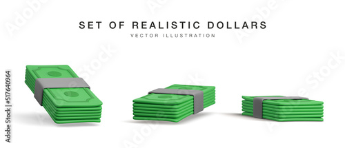 Set of 3D stack of dollar USA. Render green paper pack of money. Paper dollar banknote isolated on white background. Vector illustration