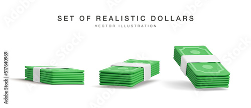 Set of 3D stack of dollar USA. Render green paper pack of money. Paper dollar banknote isolated on white background. Vector illustration