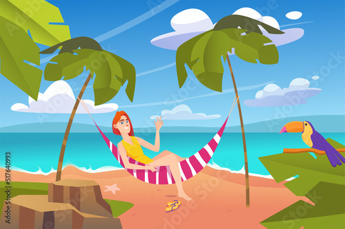 Summer landscape background in flat cartoon design. Wallpaper with happy woman relaxing in hammock among palm trees on tropical island with toucan. Vector illustration for poster or banner template