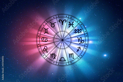 Zodiac signs inside of horoscope circle. Astrology in the sky with many stars and moons astrology and horoscopes concept