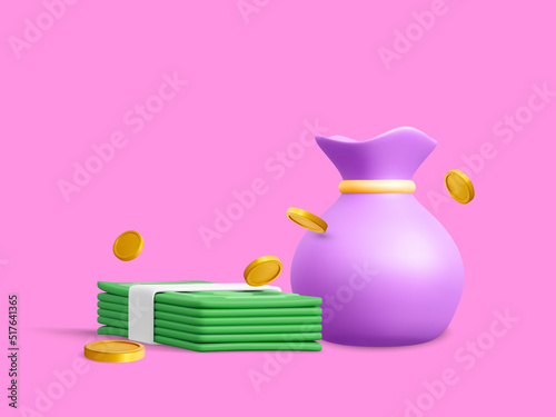 Money bag with falling gold coins and green currency stack in cartoon style. 3d realistic money object for poster or banner. Vector illustration