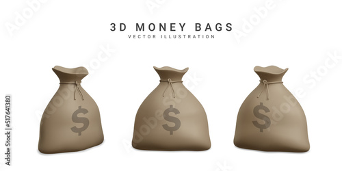 Set of money bags in 3d realistic style. Business and finance. Sack with dollar sign. Vector illustration