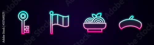 Set line Old key, Flag Italy, Pasta spaghetti and French beret. Glowing neon icon. Vector