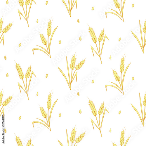 Wheat spikelets and grains, vector seamless pattern in flat style, isolated. Design of print, wrapping paper, packaging on theme of bakery products, flour, harvest, thanksgiving.