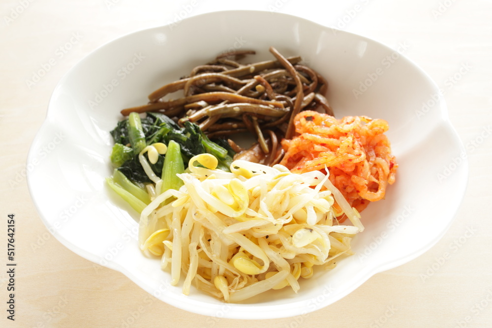Korean food, assorted marinated vegetable Namul on white plate for comfort food image
