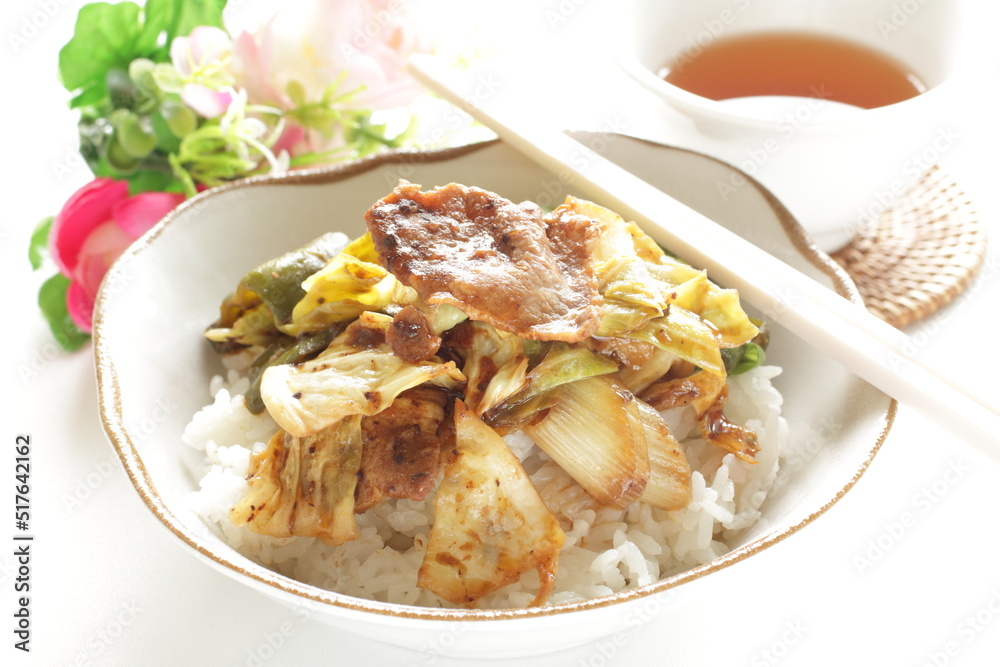 Chinese food, cabbage and green pepper stir fried with pork belly on rice Chinese food, cabbage and green pepper stir fried with pork belly on rice