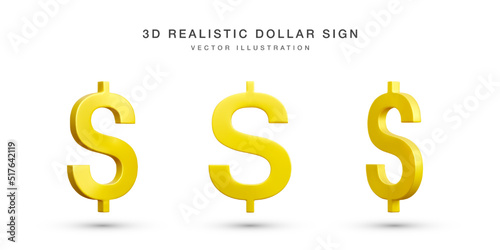 Set of 3D realistic gold dollars sign. Collection of US dollars currency symbol isolated on white background. Vector illustration