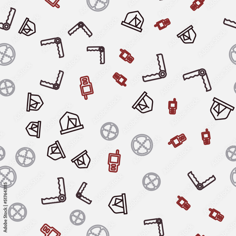 Set line Tourist tent, Trap hunting, Sniper optical sight and Walkie talkie on seamless pattern. Vector Set line Tourist tent, Trap hunting, Sniper optical sight and Walkie talkie on seamless pattern. Vector