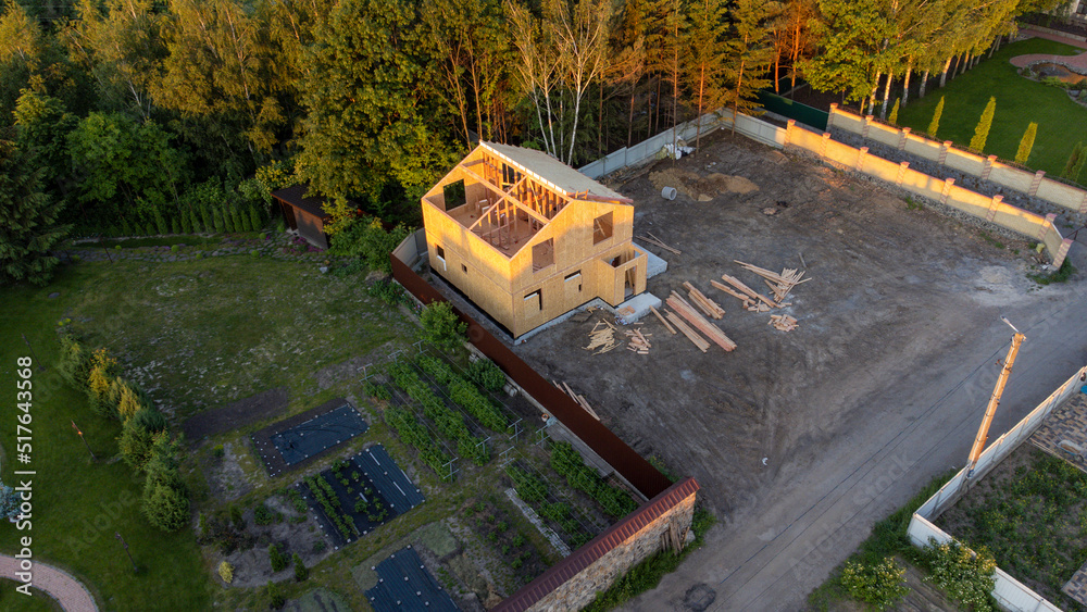 Construction of new and modern modular house. Walls made from composite