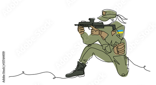 ainian soldier girl with weapon. Vector illustration. One continuous line art drawing of soldier girl photo