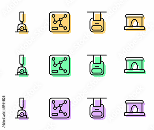 Set line Cable car, Arrow for switching the railway, Railway map and tunnel icon. Vector