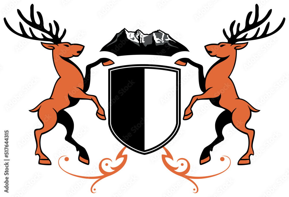 Deer heraldic logo in classic of arms style, isolated on white
