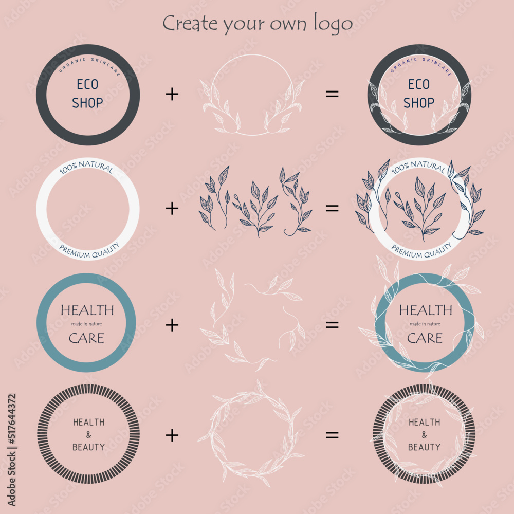 Logo creation kit. Set of the hand-drawn botanical wreaths. Organic themed frames. Create your own logo.	