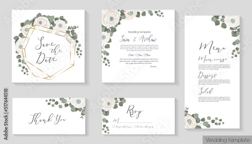 Vector set for wedding invitations. White roses, polygonal gold frame, eucalyptus. Invitation card, thank you, rsvp, menu