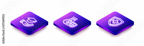Set Isometric line Education grant, Money bag with shield and Life insurance icon. Vector