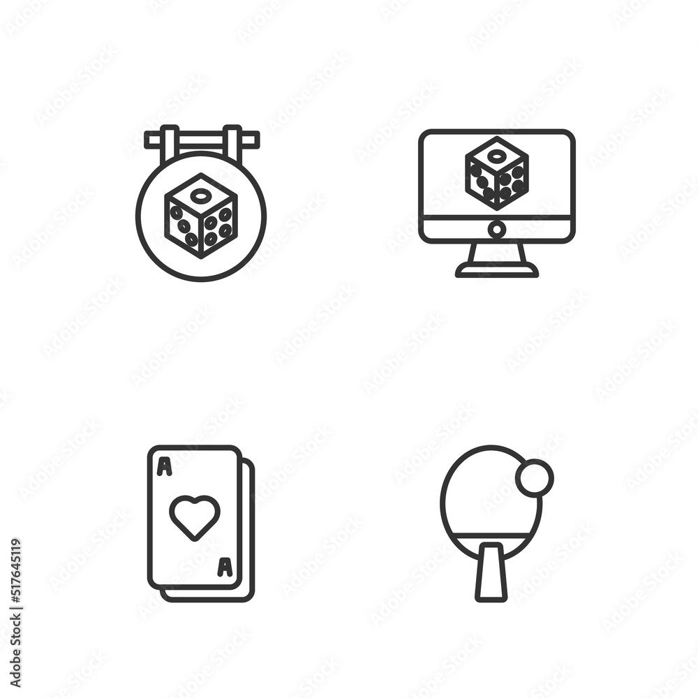 Set line Racket, Playing cards, Game dice and icon. Vector Set line Racket, Playing cards, Game dice and icon. Vector