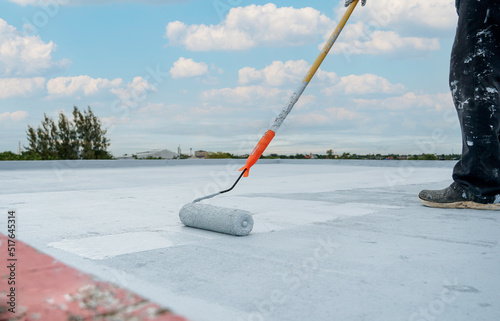 Hand painted gray flooring with paint rollers for waterproof, reinforcing net,Repairing waterproofing deck flooring. photo