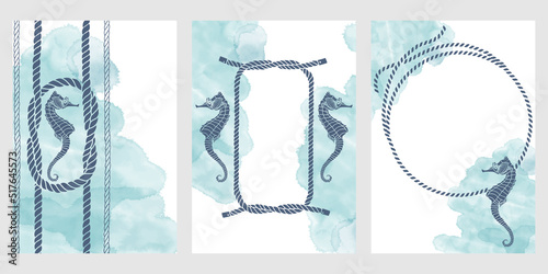 Set of card with seahorse,  knots, ropes, watercolor spots and place for text . Sea ornament concept. Poster, invite. Vector layout decorative greeting card or invitation design background.
