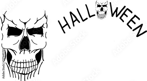 Scary black skull on white background with inscription Halloween and copy space. Halloween flyer concept. Halloween background with cranium and copy space.