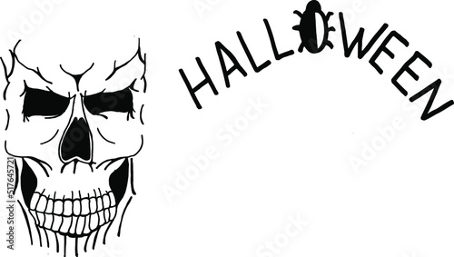 Scary black skull on white background with inscription Halloween and copy space. Halloween flyer concept. Halloween background with cranium and copy space.