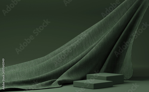 Dark green podium with green flying fabric, cloth background