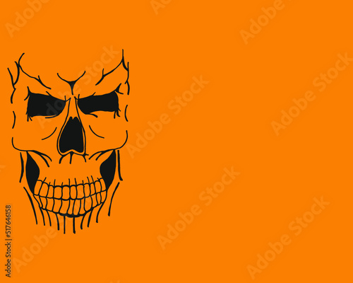 Scary black skull on orange background with copy space. Halloween flyer concept. Halloween background with cranium and copy space.