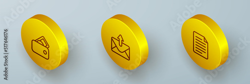 Set Isometric line Wallet with money, Mail and e-mail and File document icon. Vector