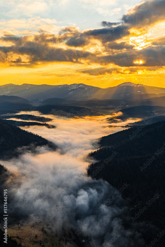 authentic dawn in the Carpathians, Synevyrska Polyana National Park.