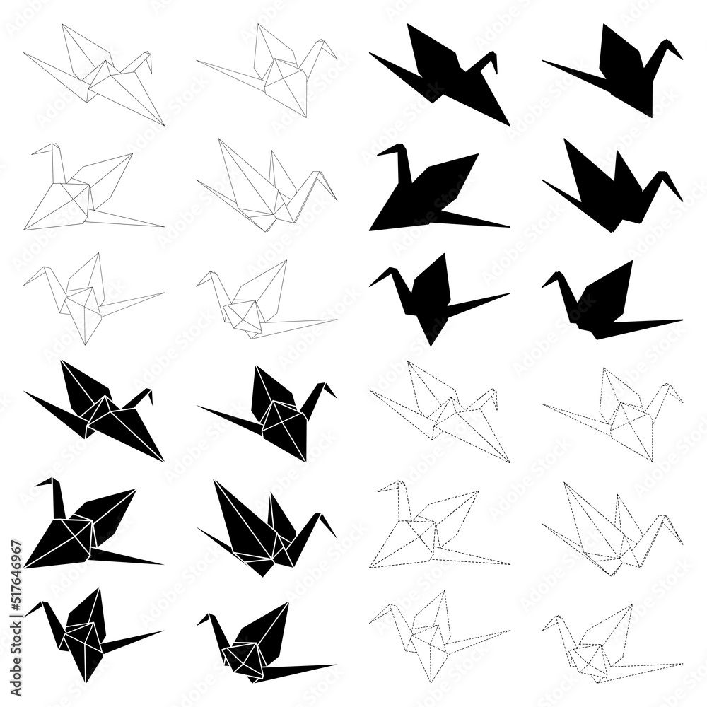 Obraz premium Set of origami crane vector outline, silhouette and dashed illustration icon isolated on white background. Japanese traditional origami crane for infographic, website or app.