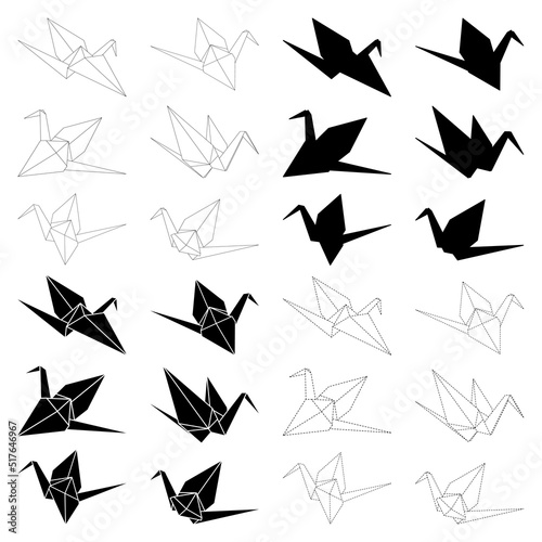 Set of origami crane vector outline, silhouette and dashed illustration icon isolated on white background. Japanese traditional origami crane for infographic, website or app.