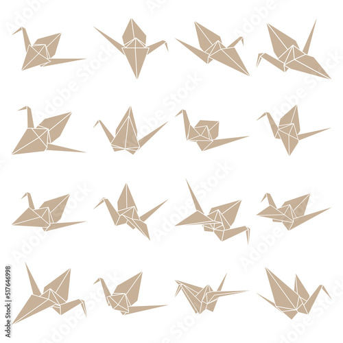 Set of origami crane vector silhouette illustration icon isolated on white background. Japanese traditional origami crane for infographic, website or app. Geometric line shape for art of folded paper.
