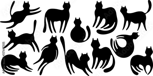 Funny and cute cats. Cartoon doodle vector collection. Illustration of character black cat. Stylish kitten set.