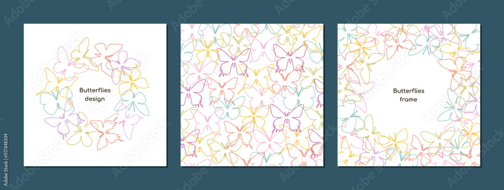 Postcard set. Butterflies Colored contour line on a light background. Circle, frame and seamless pattern