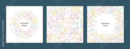 Postcard set. Butterflies Colored contour line on a light background. Circle, frame and seamless pattern