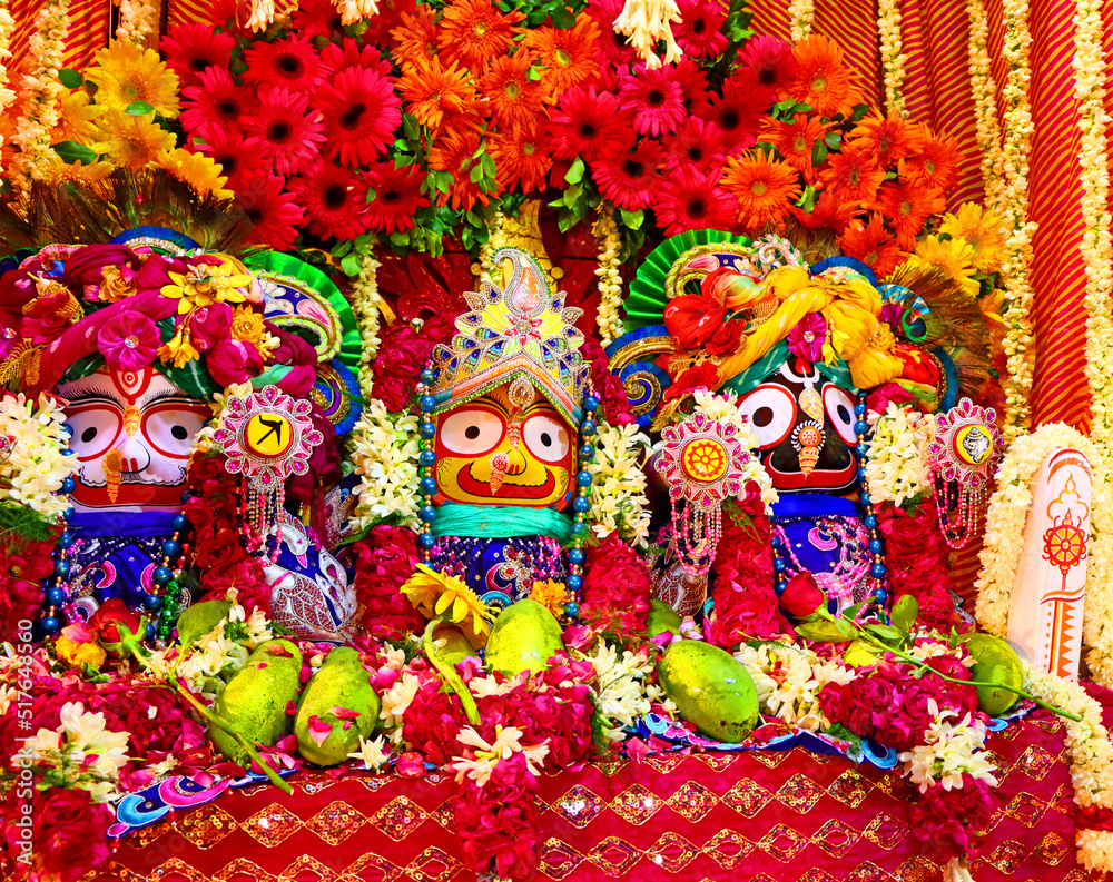 God Jagannath, Balaram and Goddess Subhadra. Lord Jagannath is being ...