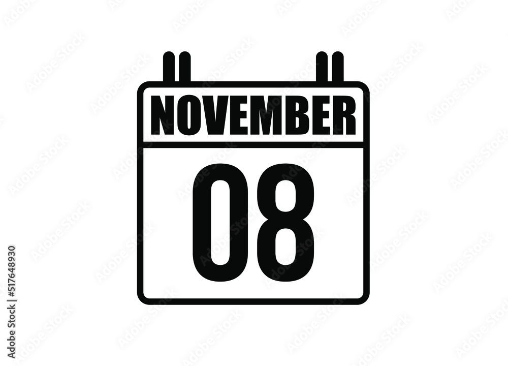 8 November calendar. Simple calendar page for the month of November. Black vector on white background. 8 November calendar. Simple calendar page for the month of November. Black vector on white background.