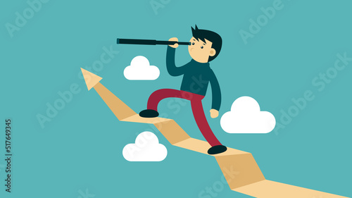 Illustration vector graphic of businessman cartoon character using telescope above the curve statistics. Describe a prediction about business and financial activity in the future. 