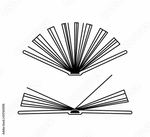 Opened books with turning pages. A set of books with a side view. Black and white graphics in geometric style. Books with many pages. Book icons in cartoon style.