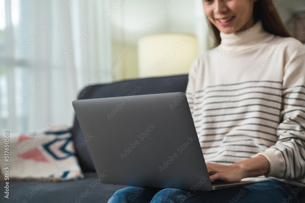 Young cheerful woman sitting on sofa and using laptop computer at home. Young cheerful woman sitting on sofa and using laptop computer at home.