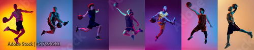 Sport collage of images of professional basketball player in action isolated on gradient multicolored background in neon. Concept of motion, action, achievements, challenges